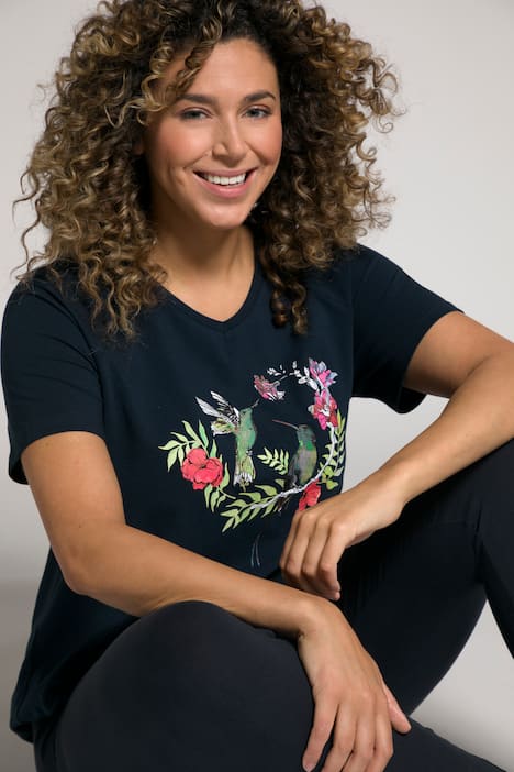 T-Shirt, Kolibri, A-Linie, V-Ausschnitt, Halbarm