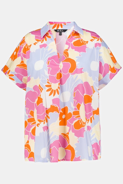 Floral Print Pleat Front V-Neck Stretch Shirt | Tunics | Blouses