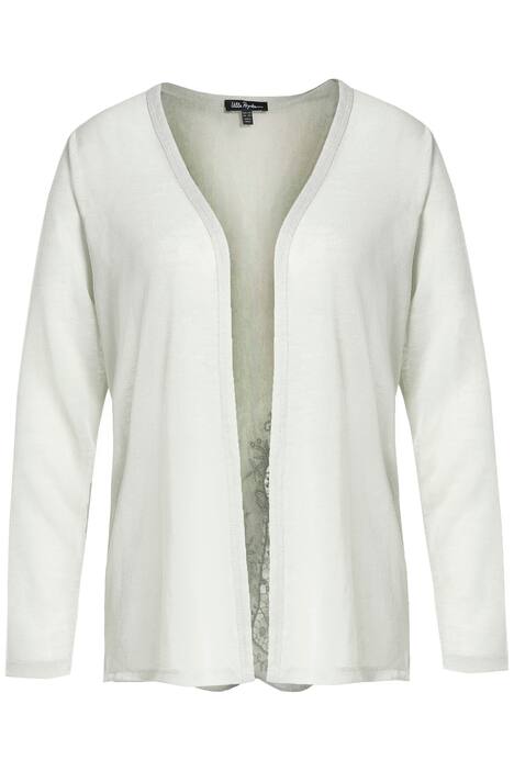 Rozepínací svetr, krajkový lem, otevřený střih, žíhaný žerzej