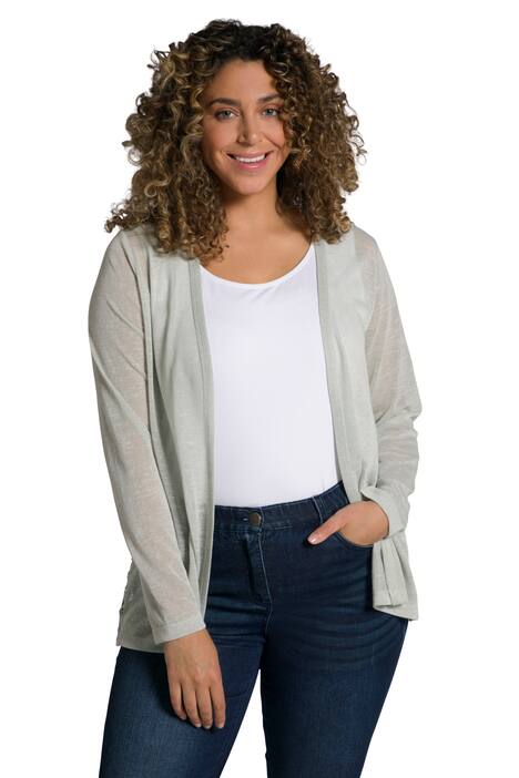 Rozepínací svetr, krajkový lem, otevřený střih, žíhaný žerzej