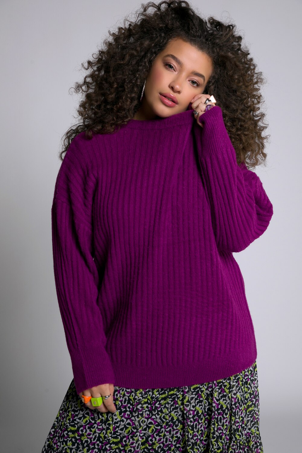 Grote Maten geribde pullover, Dames, paars, Maat: 50/52, Wol/Synthetische vezels, Studio Untold Grote Maten geribde pullover, Dames, paars, Maat: 50/52, Wol/Synthetische vezels, Studio Untold