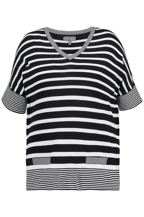 Svetr, pruhy, oversize, výstřih do V, krátké rukávy