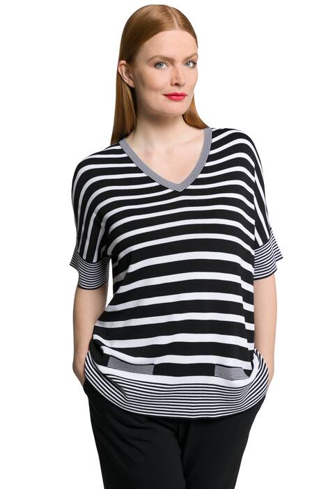 Svetr, pruhy, oversize, výstřih do V, krátké rukávy