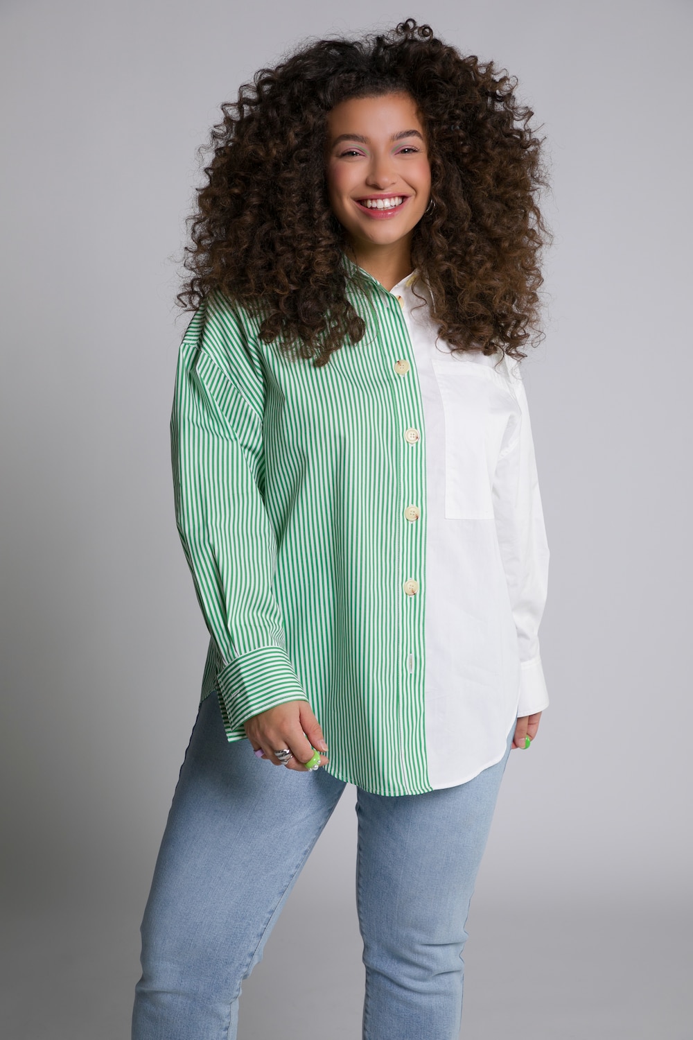 Plus Size Mix Design Oversized Shirt Blouse, Woman, green, size: 16/18, cotton, Studio Untold