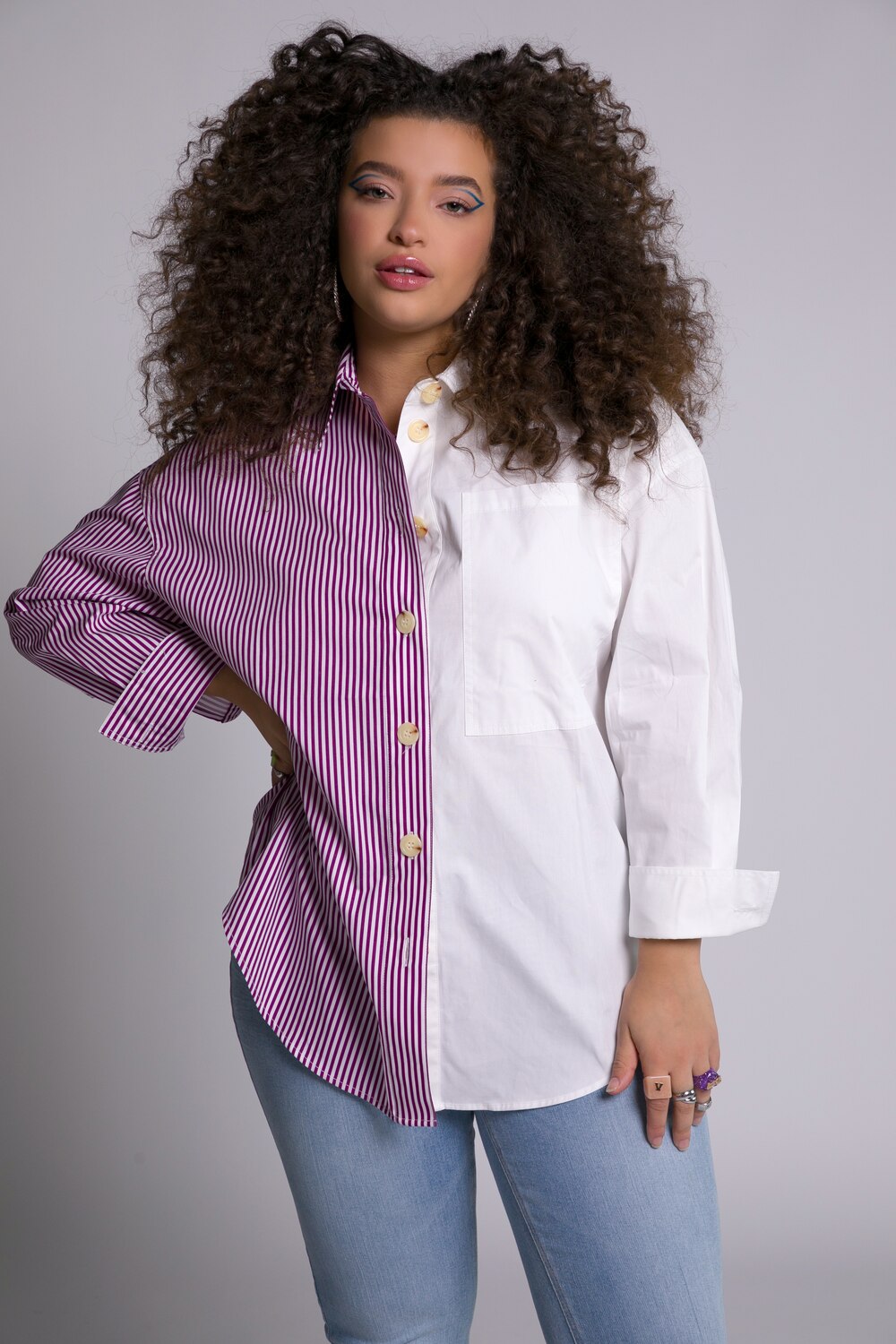 Grote Maten overhemdblouse, Dames, paars, Maat: 50/52, Katoen, Studio Untold Grote Maten overhemdblouse, Dames, paars, Maat: 50/52, Katoen, Studio Untold
