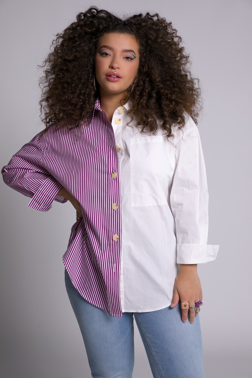 Plus Size Mix Design Oversized Shirt Blouse, Woman, purple, size: 16/18, cotton, Studio Untold