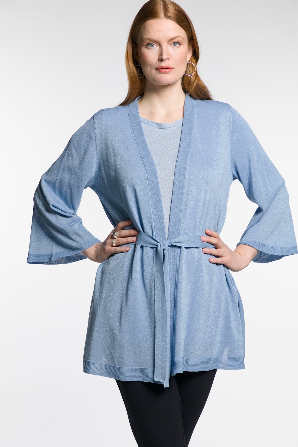 Plus Size Shimmer Effect Open Front Cardigan Sweater, Woman, blue, size: 16/18, viscose/metallic fibers, Ulla Popken