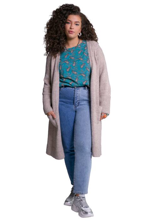 Dlouhý rozepínací svetr, otevřený střih, dlouhé rukávy, ozdobné perly