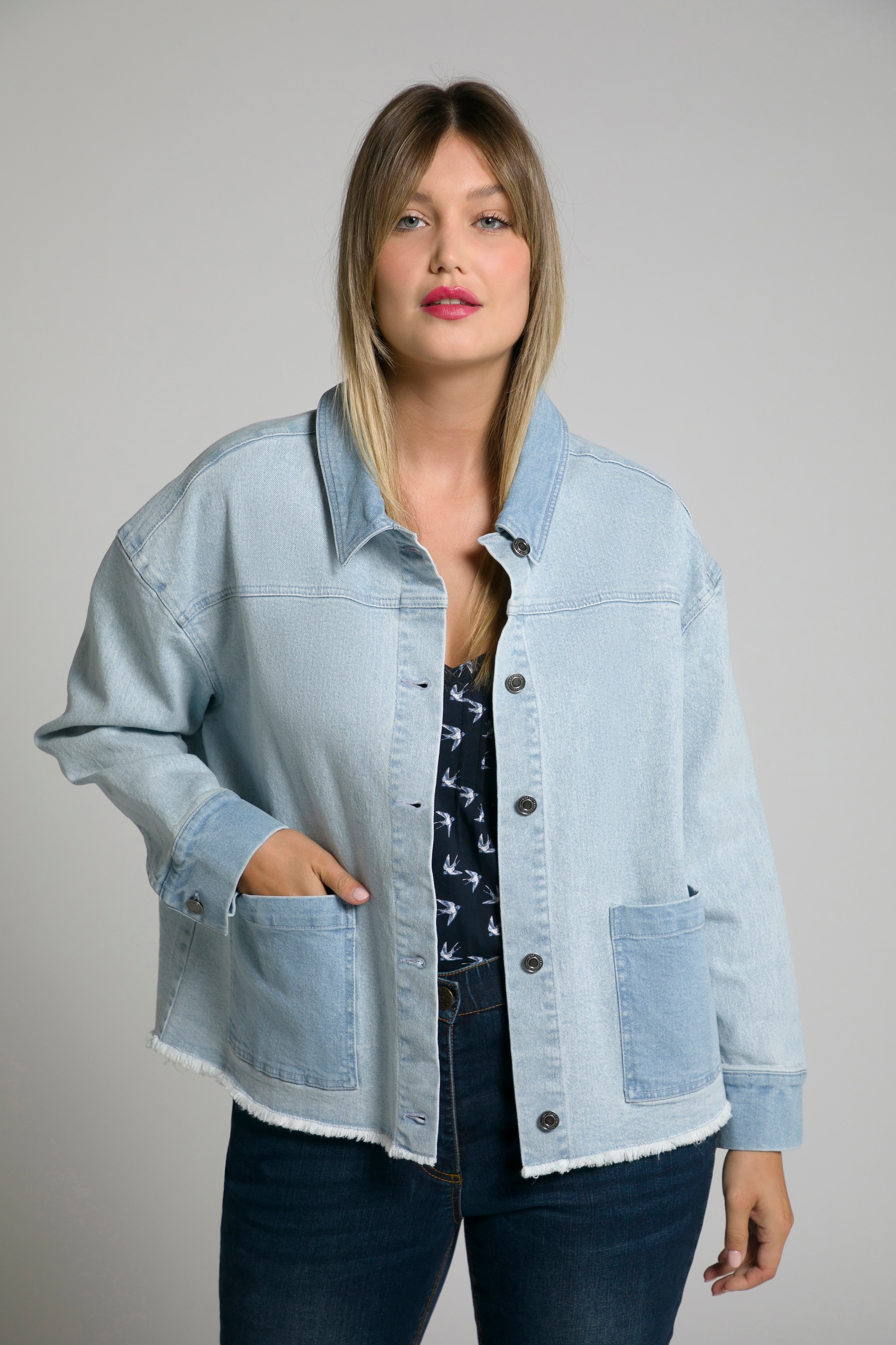 Ulla Popken Damen große Größen Jeansjacke Fransensaum kurze Form