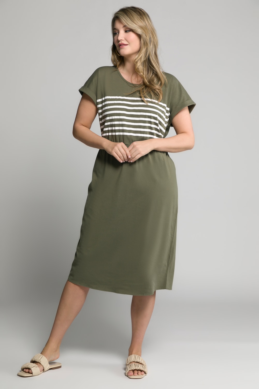 Plus Size Stripe Front Strap Back Cotton Knit Dress, Woman, green, size: 16/18, cotton, Ulla Popken