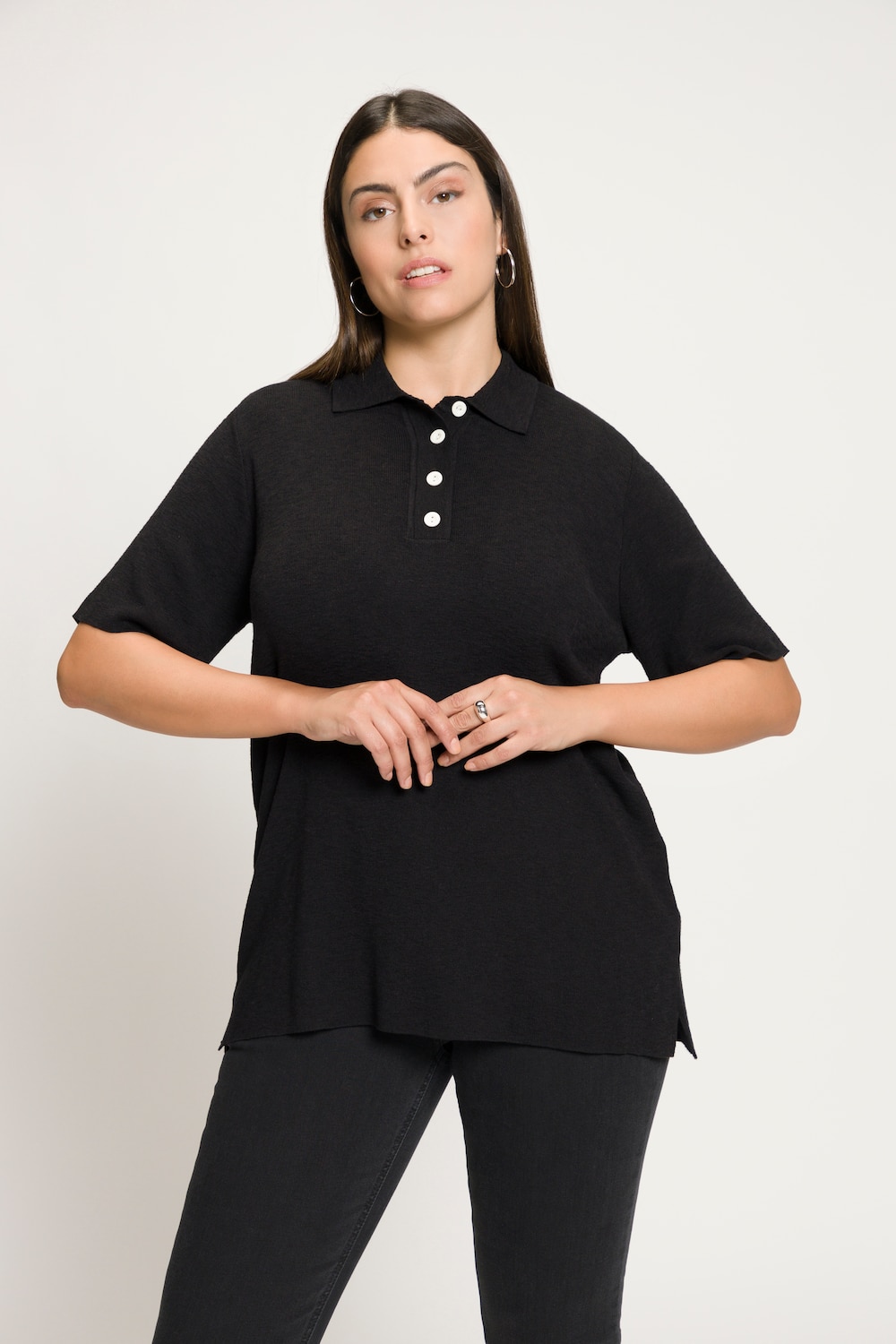 Grote Maten gebreid poloshirt, Dames, zwart, Maat: 50/52, Viscose/Katoen/Synthetische vezels, Ulla Popken