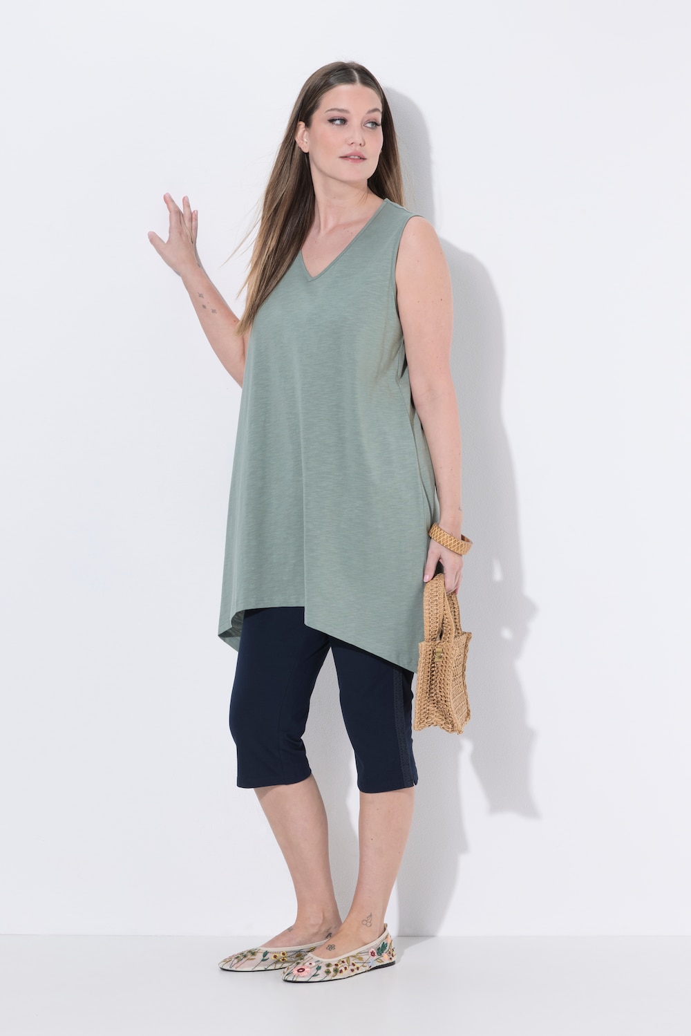 Longtop, Zipfelsaum, A-Linie, V-Ausschnitt, Biobaumwolle