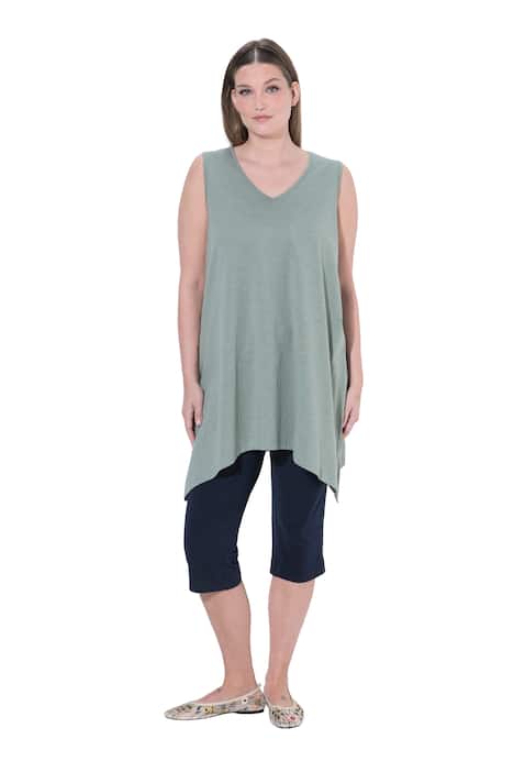 Dlouhý top, cípový lem, A střih, výstřih do V, bez rukávů