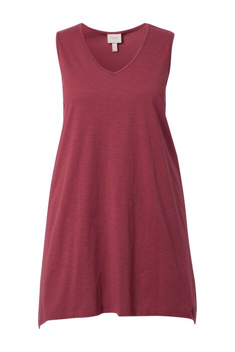 Dlouhý top, cípový lem, A střih, výstřih do V, bez rukávů