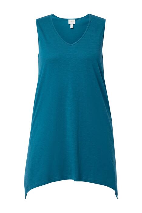 Dlouhý top, cípový lem, A střih, výstřih do V, bez rukávů