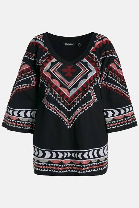 T-shirt z haftem etno, oversized, dekolt w szpic, rękaw 3/4