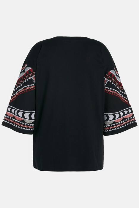T-shirt z haftem etno, oversized, dekolt w szpic, rękaw 3/4