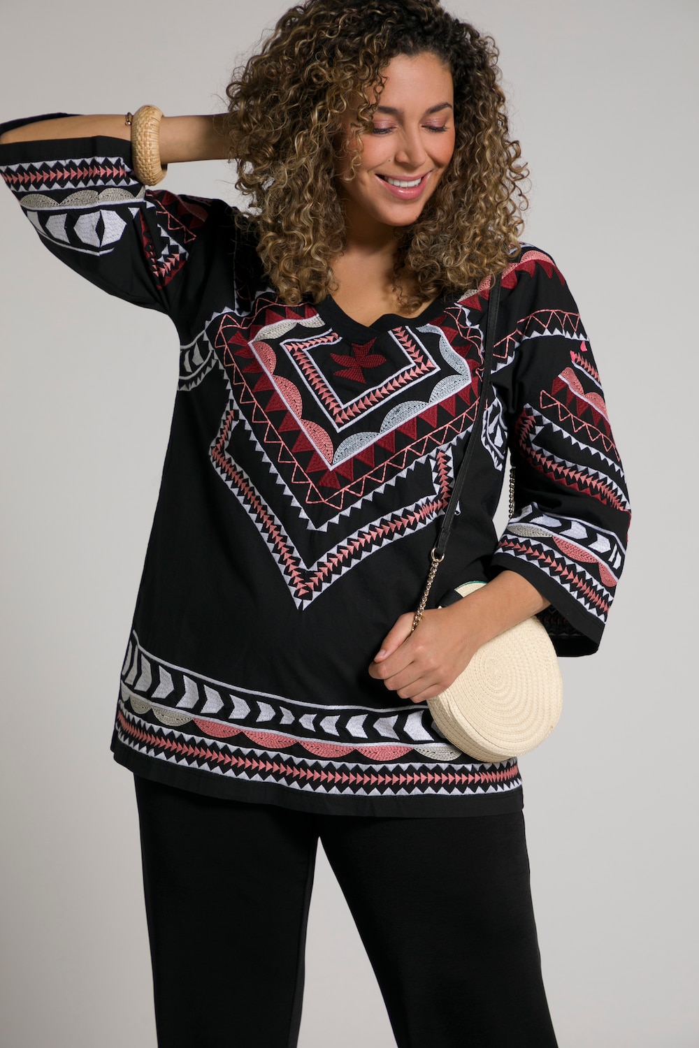Plus Size Tribal Inspired Embroidered V-Neck Oversized Fit Tee, Woman, black, size: 20/22, cotton, Ulla Popken