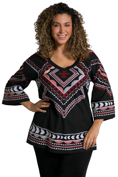 Tričko, výšivka, oversize, výstřih do V, 3/4 rukávy