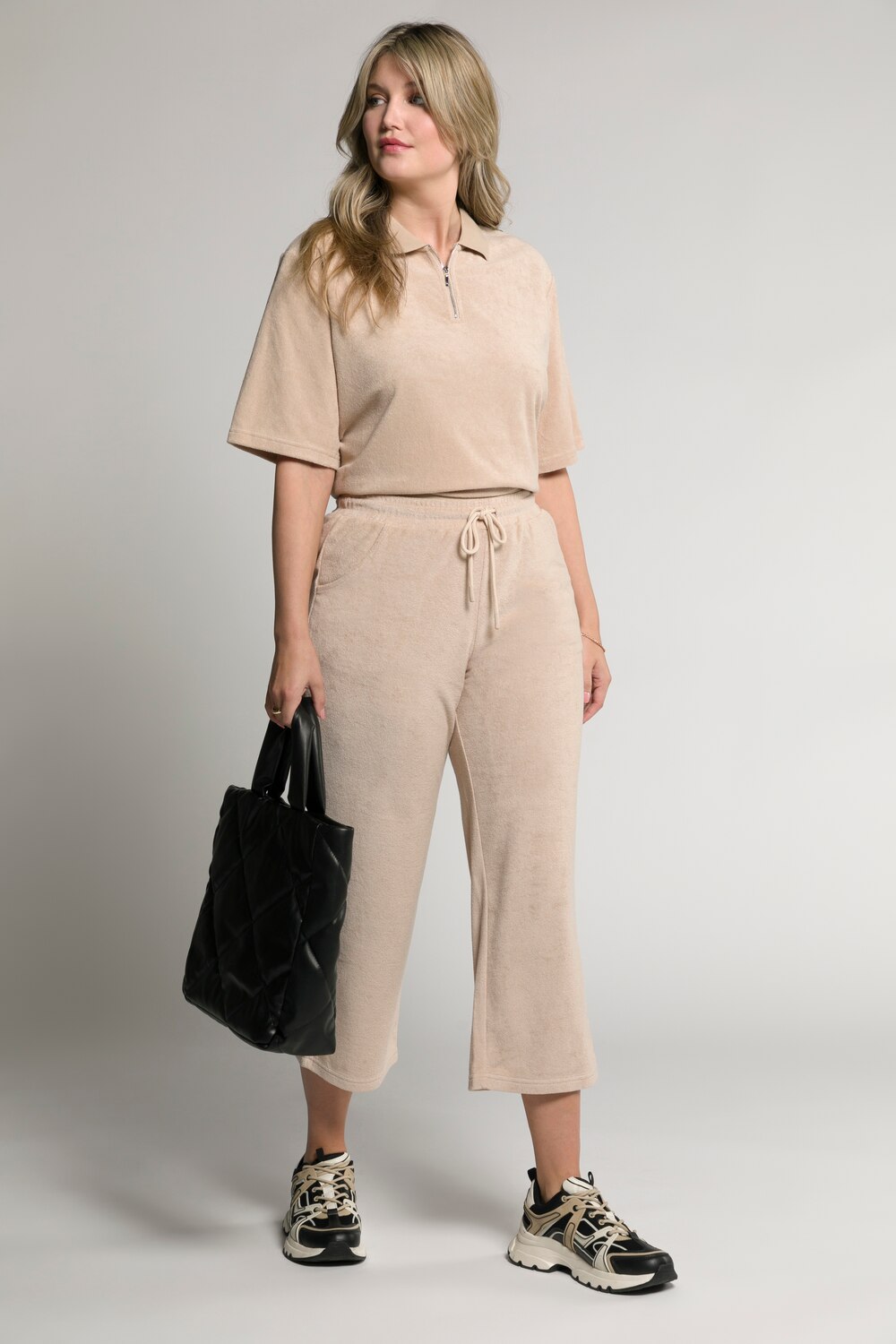 Plus Size Terry Elastic Waist Wide Leg Cotton Knit Crop Pants, Woman, beige, size: 16/18, cotton, Ulla Popken