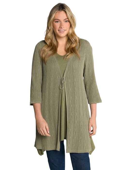 Ažurový rozepínací svetr, výstřih do V, 3/4 rukávy, biobavlna