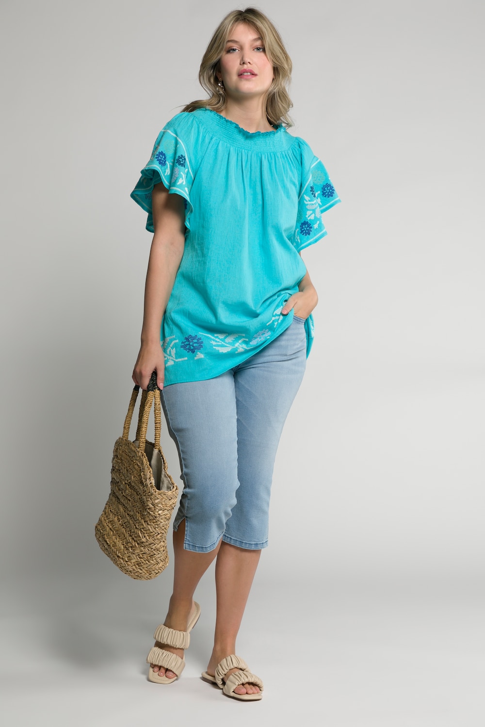 Plus Size Smocked Neck Embroidered Carmen Style Shirt, Woman, turquoise, size: 16/18, cotton/linen, Ulla Popken