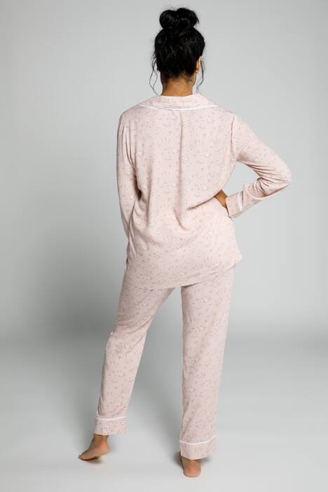 Pyjama, Blütenmuster, Piping, Reverskragen, Langarm