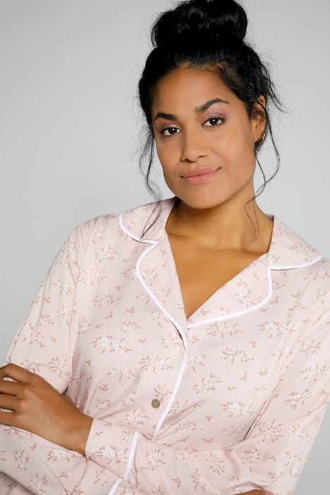 Pyjama, Blütenmuster, Piping, Reverskragen, Langarm