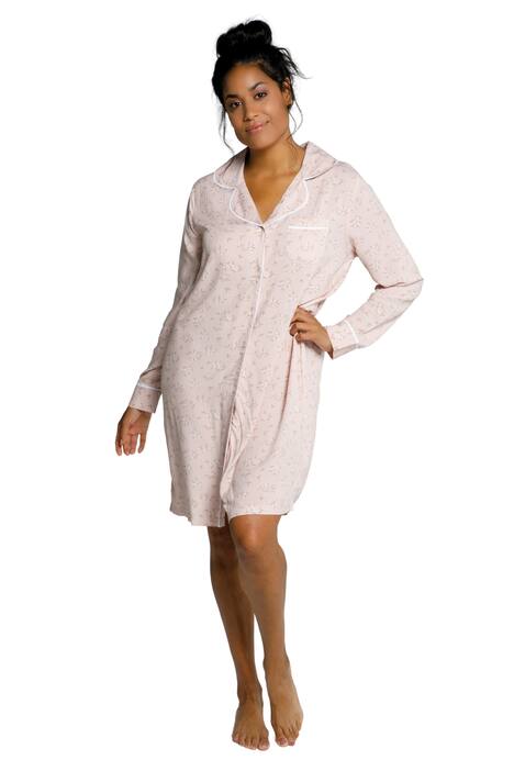 Noční košile, květovaný vzor, lemovka, klopový límec, dlouhé rukávy