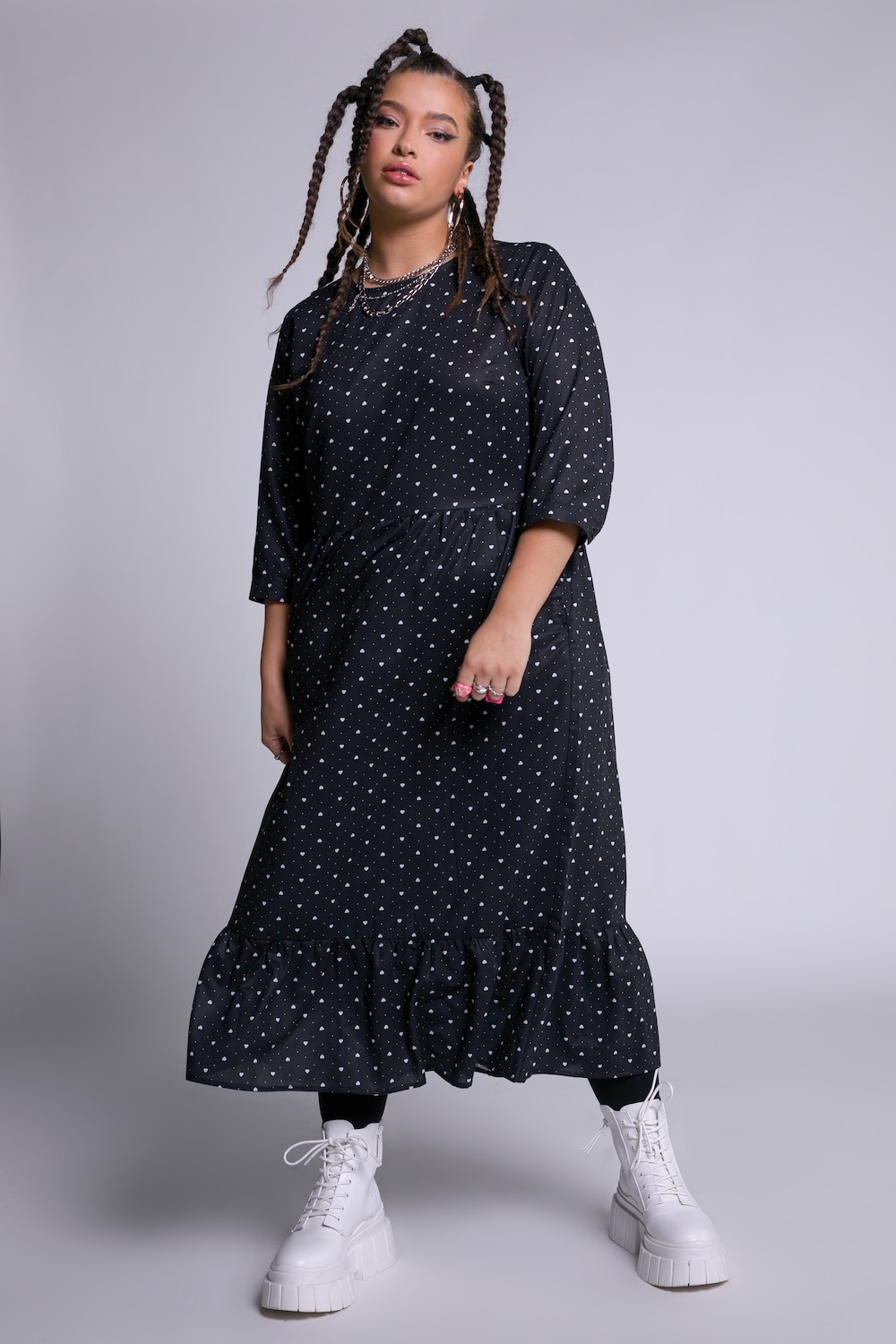 Plus Size Heart Print Dress, Woman, black, size: 16/18, polyester, Studio Untold