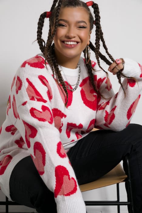 Pullover, oversized, Herzen, Rundhals, Langarm