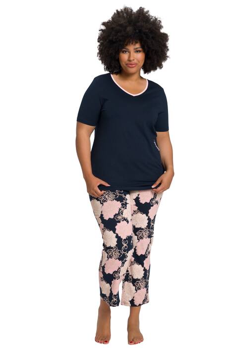 Pyžamo, květy, lemovka, výstřih do V, krátké rukávy