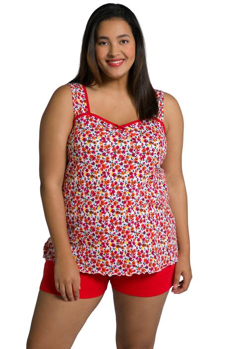 Krátké pyžamo, květy, řasení, bez rukávů