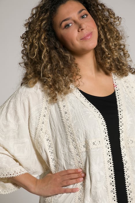 Kimono in misto lino con ricami, pizzo e maniche a 3/4