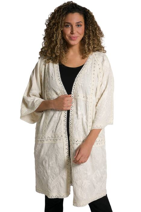 Kimono, výšivka, krajka, 3/4 rukávy, lněná směs
