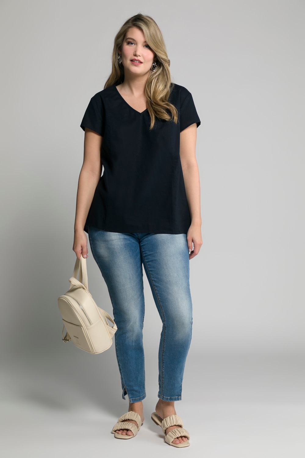 Grote Maten linnen blouse, Dames, blauw, Maat: 50/52, Linnen, Ulla Popken