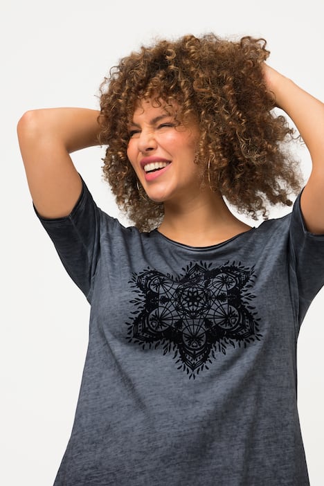 T-Shirt, Flockdruck, Rundhals, Halbarm, offene Kanten