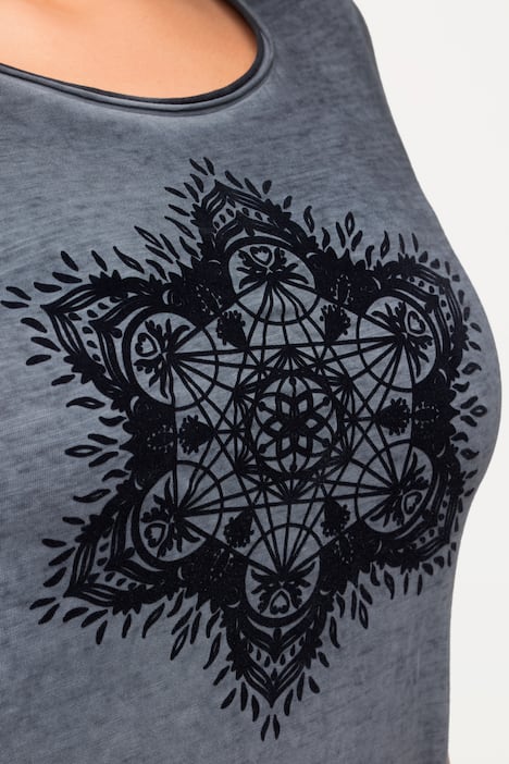 T-Shirt, Flockdruck, Rundhals, Halbarm, offene Kanten