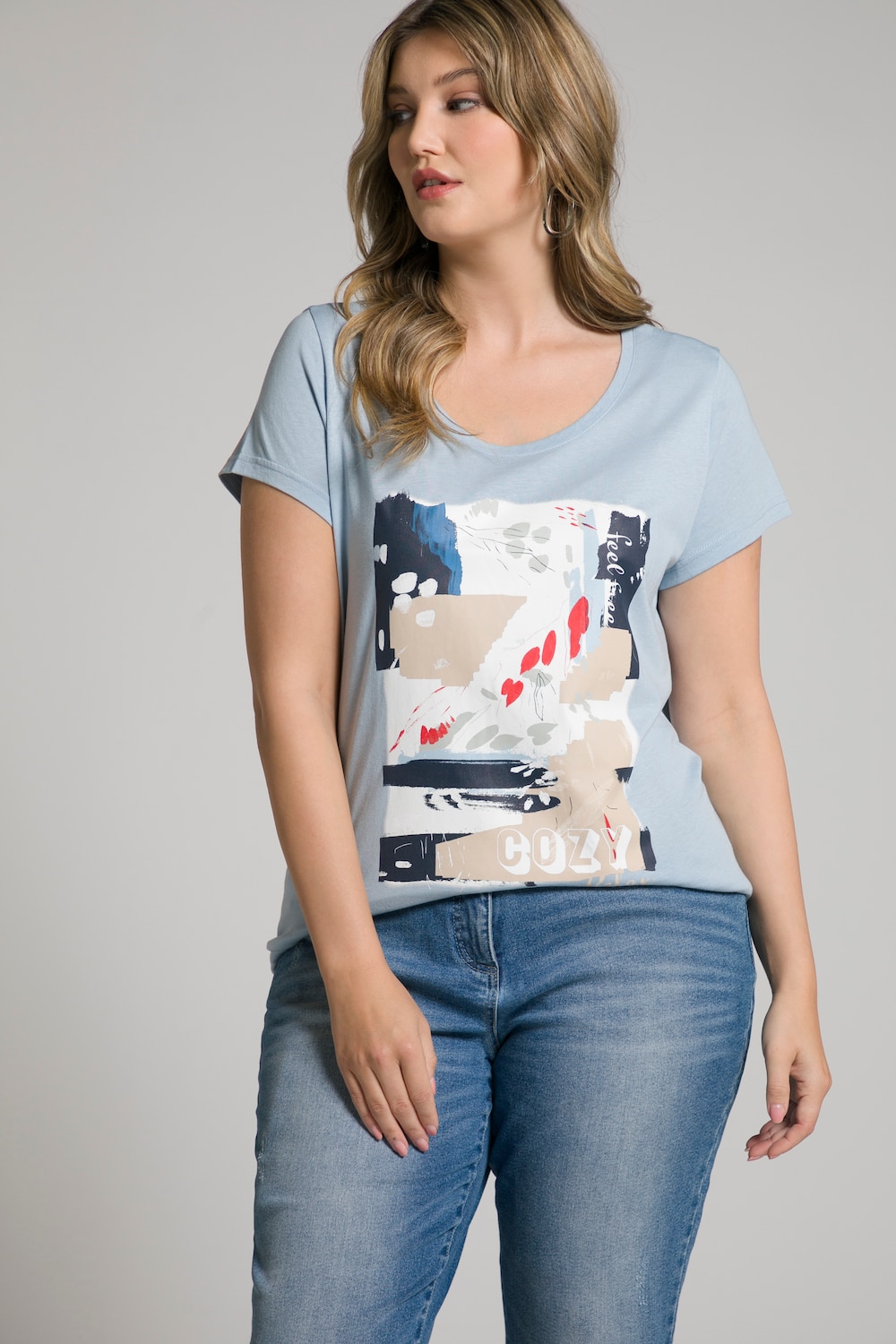 Grote Maten T-shirt, Dames, blauw, Maat: 54/56, Katoen/Synthetische vezels, Ulla Popken