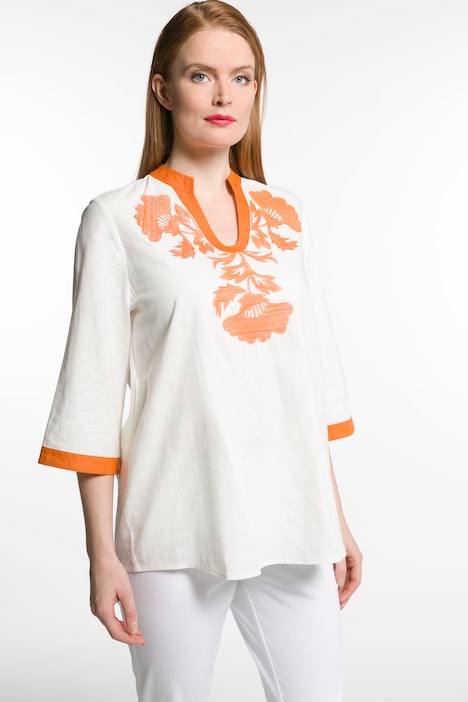 Embroidered Linen Blend Contrast Trim Shirt | Tunics | Blouses