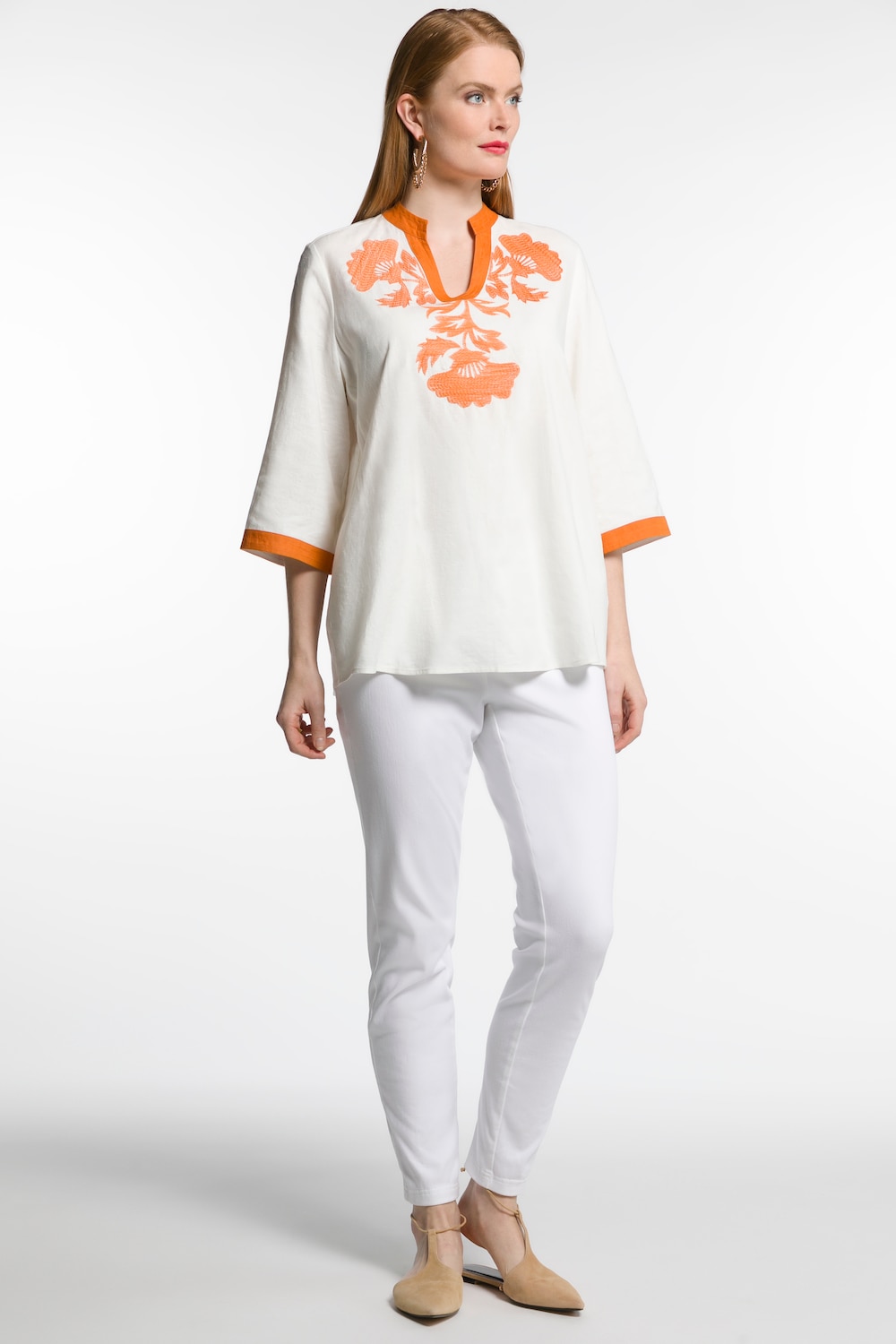 Plus Size Embroidered Linen Blend Contrast Trim Shirt, Woman, beige, size: 16/18, linen/viscose, Ulla Popken