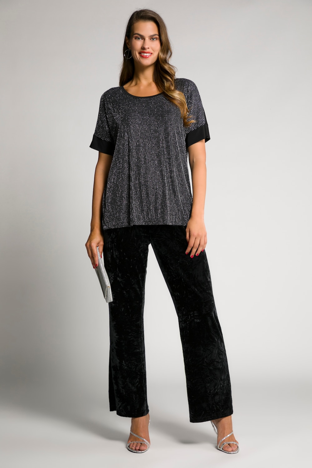 Plus Size Lurex Stripe Round Neck Stretch Knit Top, Woman, black, size: 16/18, polyester, Ulla Popken