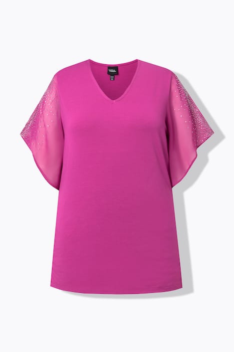 Tunika, błyszczące koraliki, trapezowy krój, dekolt w serek, rękawy 3/4