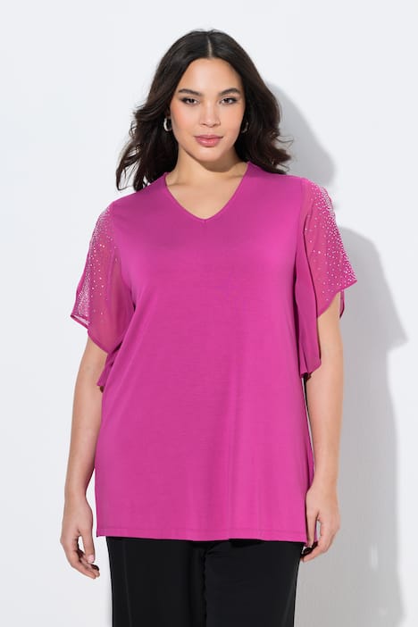 Tunika, błyszczące koraliki, trapezowy krój, dekolt w serek, rękawy 3/4