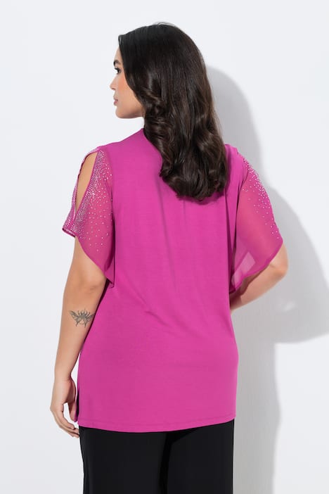 Tunika, błyszczące koraliki, trapezowy krój, dekolt w serek, rękawy 3/4