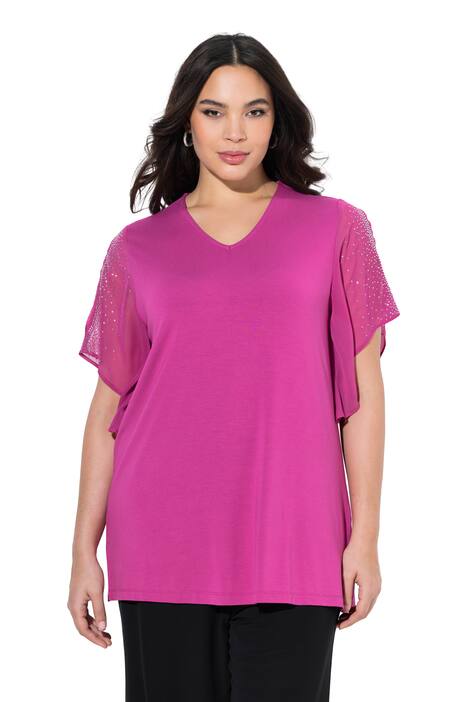 Tunika, třpytivé kamínky, A střih, výstřih do V, 3/4 rukávy