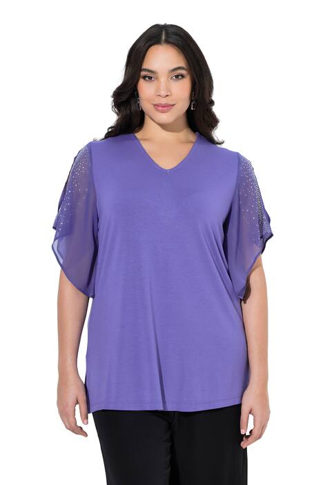 Tunika, třpytivé kamínky, A střih, výstřih do V, 3/4 rukávy