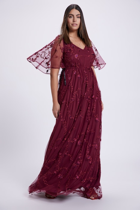 ASOS DESIGN embroidered mesh blouse with peplum hem in burgundy