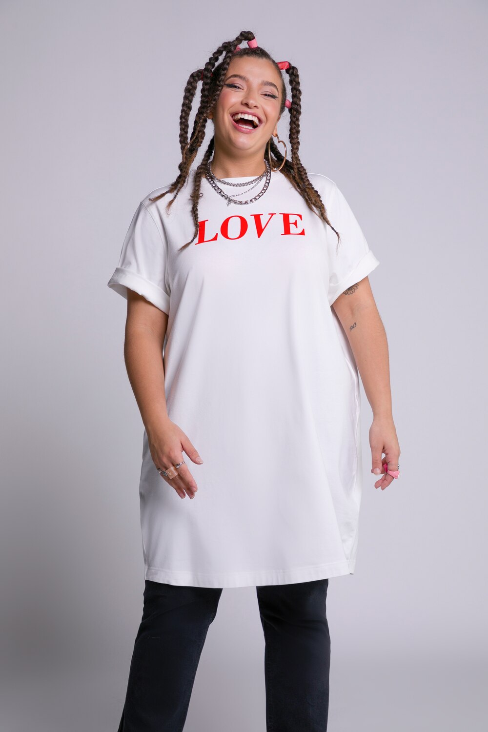 Grote Maten longline shirt LOVE, Dames, beige, Maat: 58/60, Katoen, Studio Untold Grote Maten longline shirt LOVE, Dames, beige, Maat: 58/60, Katoen, Studio Untold
