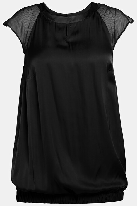 Keyhole Round Neck Elastic Hem Satin Blouse